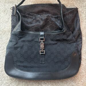 Gucci Jackie Black Monogram Canvas Shoulder Bag with Silver Hardware